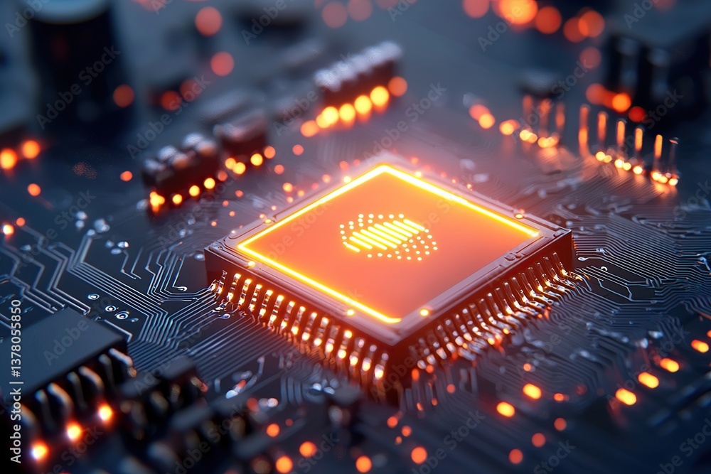 Poster close-up of a computer chip illuminated with orange lights on a circuit board background.