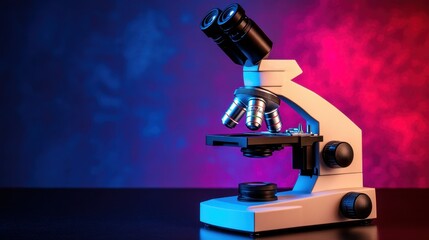 A sleek, compact microscope casting a dramatic spotlight effect on a black surface.