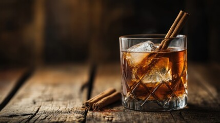 A dark and moody bourbon cocktail with a smoky effect, served in a rugged glass with a cinnamon stick garnish, on a rustic wooden table