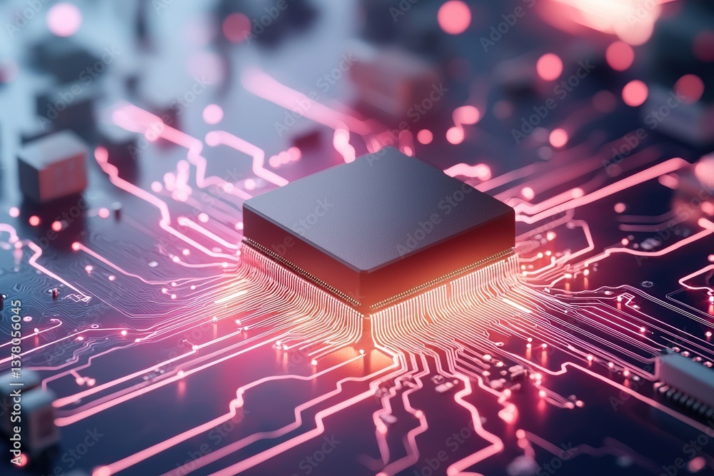 Poster futuristic microprocessor on a circuit board with glowing connections and vibrant colors.