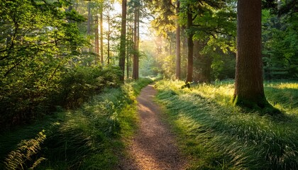tranquil forest pathway surrounded by lush greenery and tall trees in soft morning light