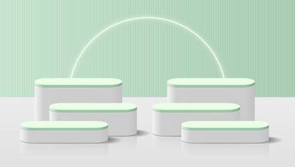 Six realistic white green 3D round podium or pedestal with glowing neon light background. Podium scene for mockup. 3D stage for showcase. Vector geometric platform. Minimal scene for cosmetic.
