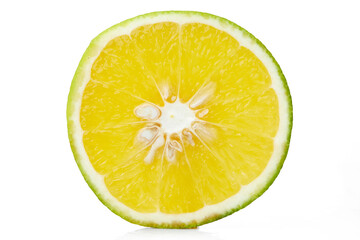 Close up Texture of Fresh Orange Lime Slice Showcasing Vibrant Color and Juicy Pulp on White and Isolated Background
