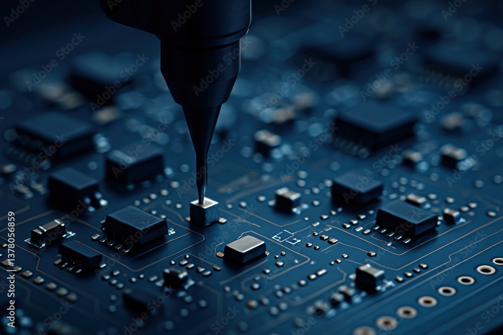 Aufkleber process of engineering involves intricate details as precision tool works on circuit board, showcasi