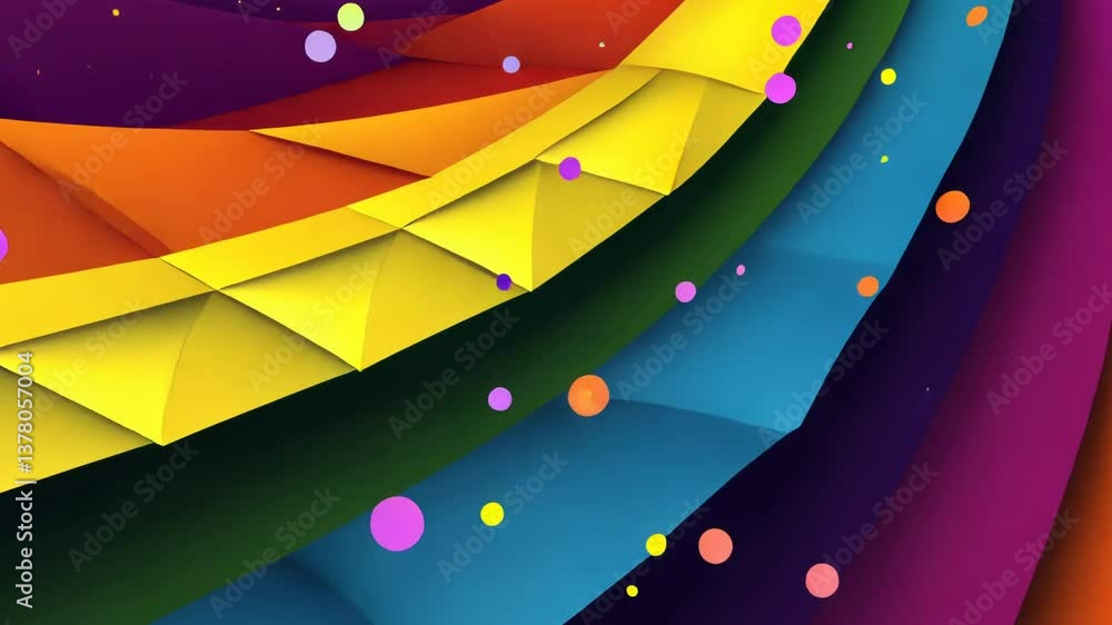Poster A colorful piece of paper with a rainbow pattern and many small dots. The dots are in different colors and sizes