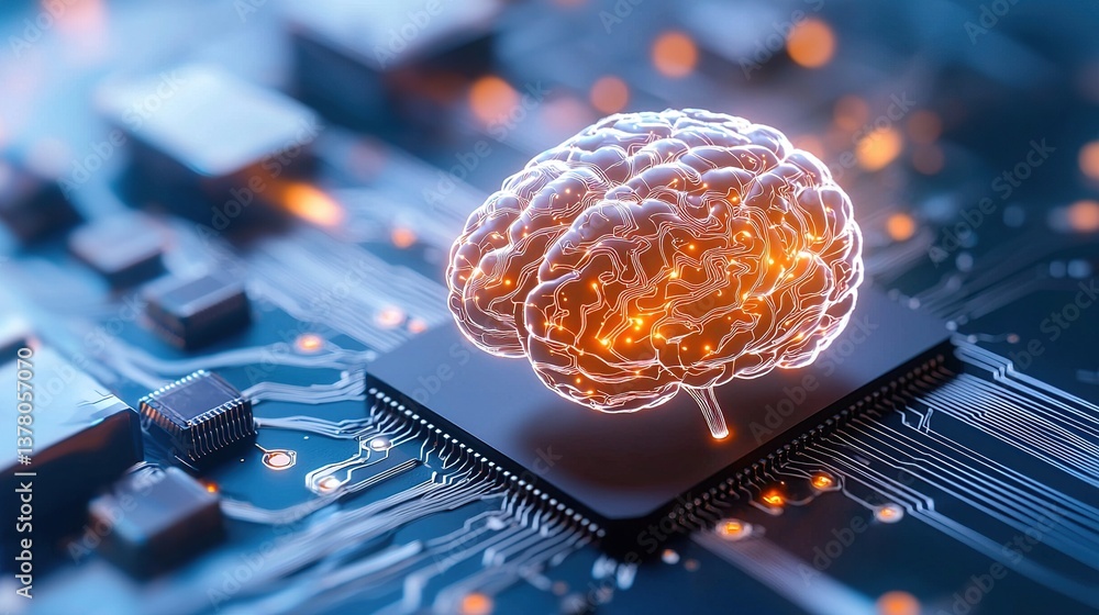 Poster a brain graphic over a circuit board symbolizes artificial intelligence and technology.