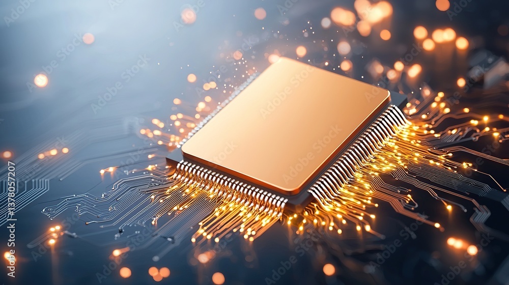 Poster futuristic microchip surrounded by glowing circuitry and lights.