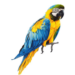 Fototapeta premium Vibrant blue and yellow macaw perched on a branch against a Transparent background, blue and yellow macaw, arara azul, PNG background