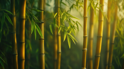Fototapeta premium A cinematic close-up of a bamboo grove, vibrant green leaves spreading across golden-brown stalks, straight-on view