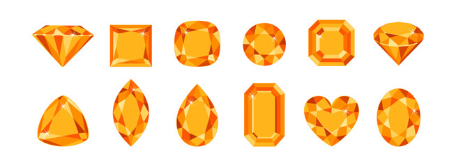 Orange gemstones of different shapes isolated on white background. Precious gems set. Vector cartoon flat illustration.