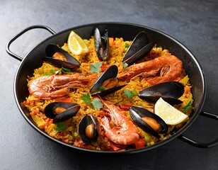 seafood paella a vibrant mix of rice shrimp mussels chorizo and lemon wedges cooked in a black pan offering a culinary delight