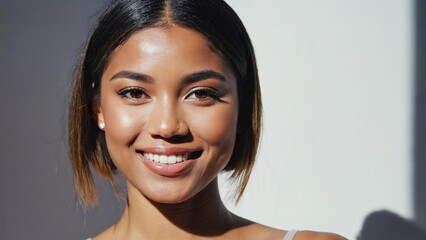 A close-up of a woman with a warm and happy expression