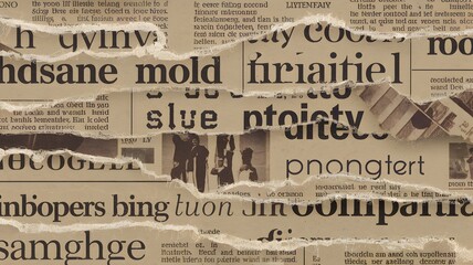 A vintage-style background made of torn newspapers. The newspaper clippings have varying text sizes, headlines, and aged paper textures.