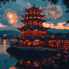 Fototapeta premium Chinese New Year Temple Fireworks Celebration Festive Lights Glowing Lantern Atmosphere Photo
