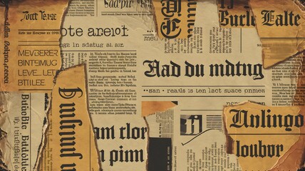 A vintage-style background made of torn newspapers. The newspaper clippings have varying text sizes, headlines, and aged paper textures.