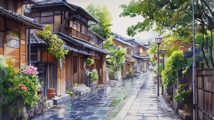 Naklejka premium 雨に濡れる路地裏の水彩画