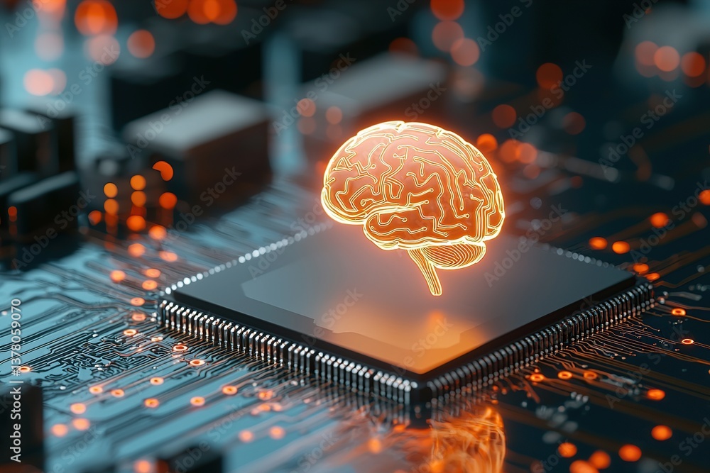 Poster a futuristic brain graphic atop a microchip, symbolizing artificial intelligence and technology.