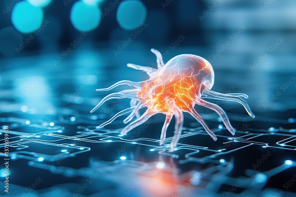 Aufkleber a digital representation of a microscopic creature on a circuit board background.