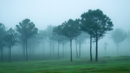 Fototapeta premium A mysterious foggy forest with towering pine trees
