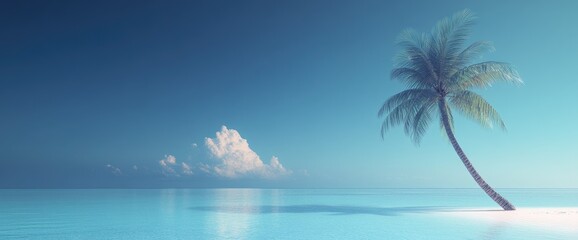 Fototapeta premium Beach scene with palm, blue sky, clear water and fluffy clouds