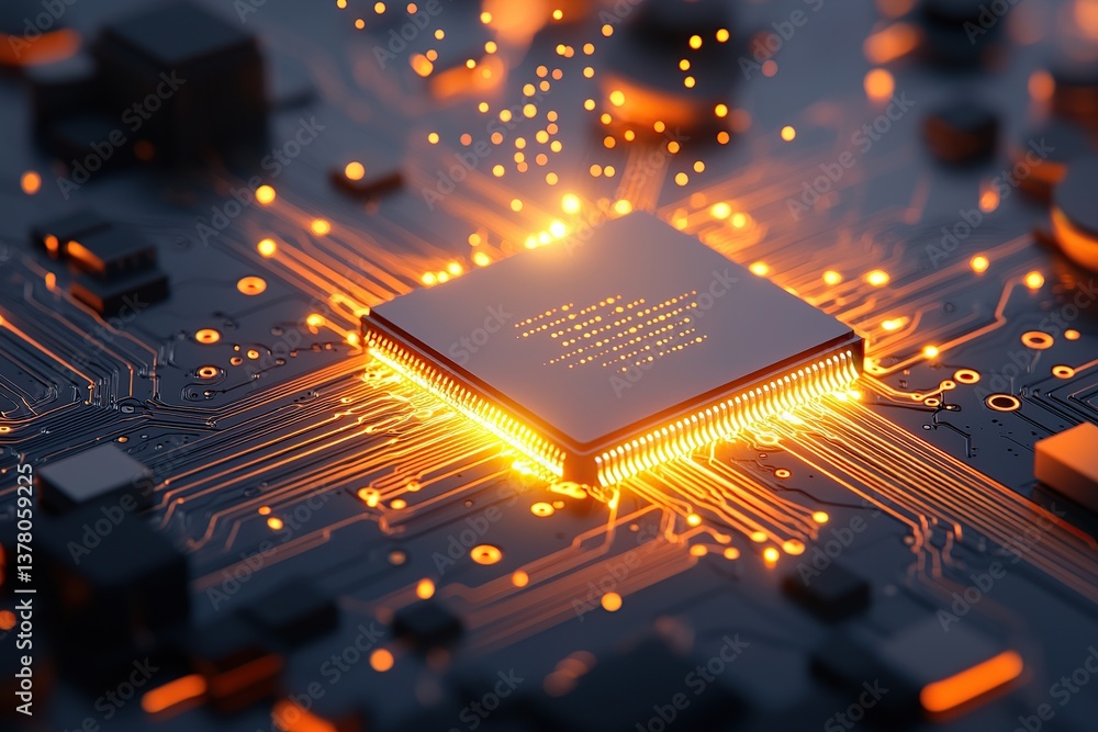 Poster illuminated microchip on a circuit board, showcasing advanced technology and connectivity.