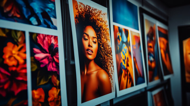 A medium shot of various large-format prints being showcased in a professional studio setting, with vibrant color banners,