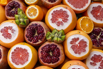 cut and stacked fruits, orange, kiwi, pomegranate