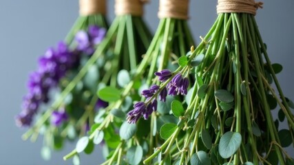 Fototapeta premium Bundles of purple and green herbs tied with rope hanging on pale background.