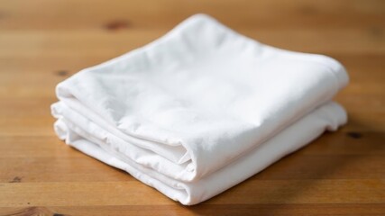 Folded white bed sheet set placed on wooden surface in natural daylight.