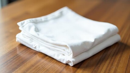 Folded white bed sheet set placed on wooden surface in natural daylight.