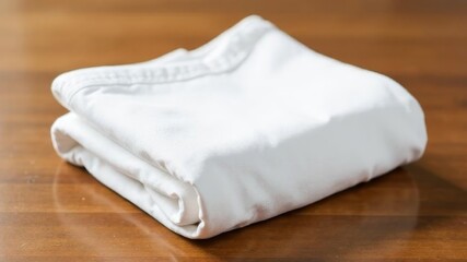 Folded white bed sheet set placed on wooden surface in natural daylight.