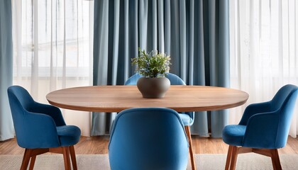 blue chairs wooden table modern dining room detail curtains interior design