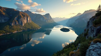 Obraz premium High-quality photo of Femunden Lake in Norway, Europe, at dawn with sunny skies, captured from an overhead view.