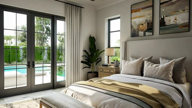 Serene master bedroom with calming colors and elegant furnishings