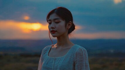 A woman stands with her eyes closed, taking in the beauty of a sunset