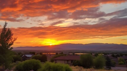 Obraz premium Fiery Sunset Over Mountain Range and Suburban Homes