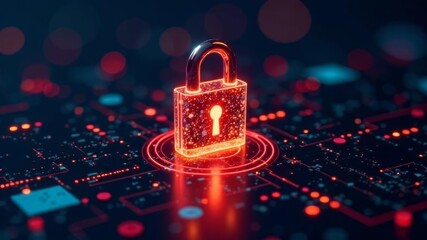 Glowing digital padlock surrounded by data flow in futuristic cyber environment.