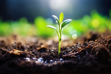 Photo of water drop on newly planted sprout outdoors leaf soil.
