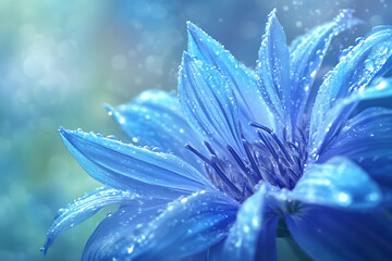 Fototapeta premium A high-resolution, macro photograph capturing a stunning blue cornflower in full bloom, adorned with delicate water droplets on its petals.
