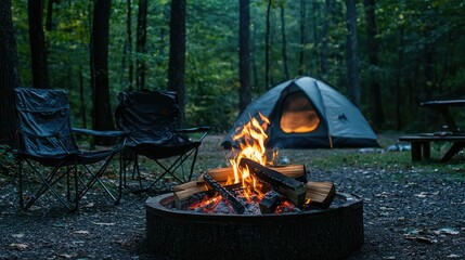 A relaxing evening by a bonfire, flames dancing around the firewood, with camping chairs set up and a tent in the background, surrounded by trees.