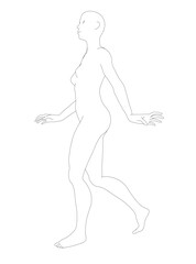 A woman is walking on a white background. She is barefoot and has her arms outstretched