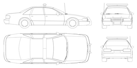 A Police car is shown in a series of drawings, with the front, back, side, top views shown in detail.