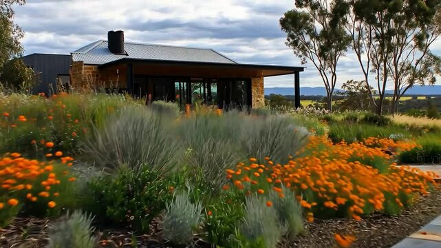 Stone house nestled in vibrant, native Australian garden