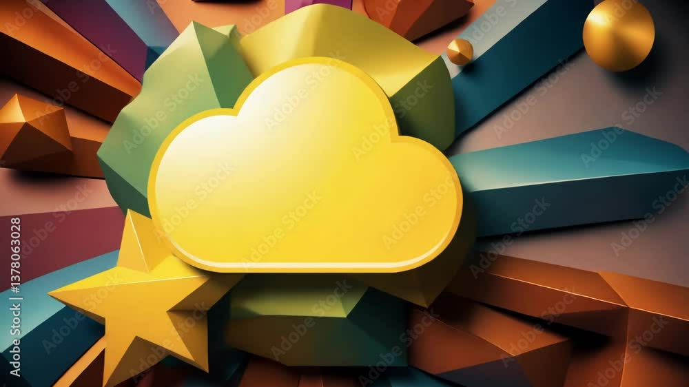 Poster A yellow cloud with a white background. The background is a colorful pattern of squares. The cloud is in the center of the image