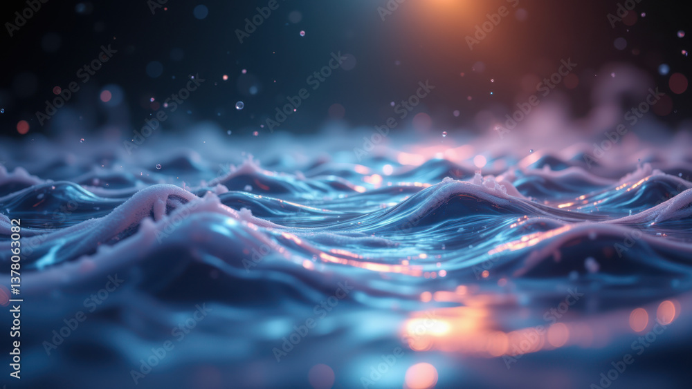 Poster an abstract representation of digital waves and particles with a cosmic background.
