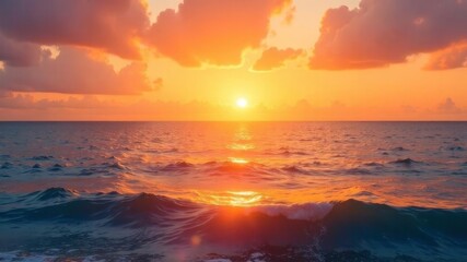 Fototapeta premium Vibrant ocean sunset with radiant sky and glowing waves at dusk.