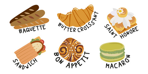 Croissant, baguette, saint honore, sandwich, macaron. Vector food stickers design for banner, cover, label, packaging. Bread cartoon set collection. Vector french bakery pastry products