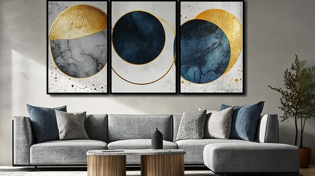Abstract gold and blue circle triptych wall art above a grey sofa.