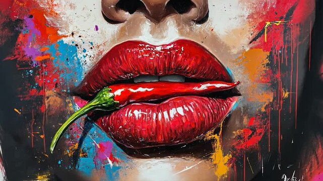Close-up of a woman's lips with a chili pepper, vibrant color splashes