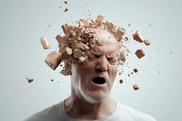 Man expressing intense emotion with explosion of debris around his head, dramatic art representation